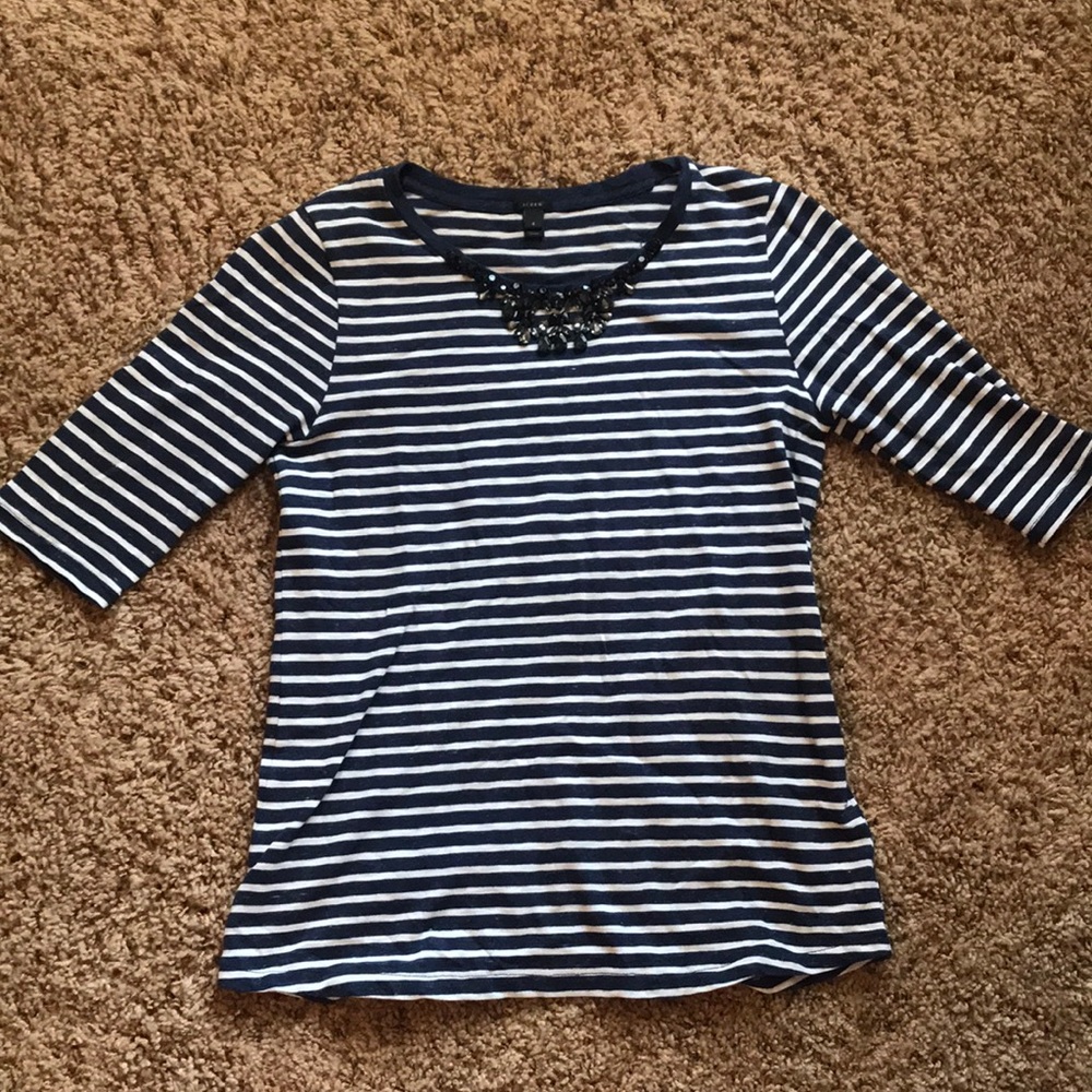 J.CREW navy & white striped jeweled collared shirt